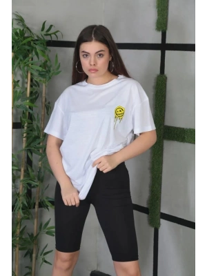 Kadın Bisiklet Yaka Baskılı Kısa kol Oversize T-Shirt - Beyaz