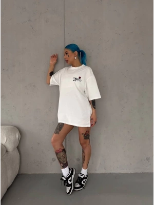Kadın Bisiklet Yaka Baskılı Kısa kol Oversize T-Shirt - Beyaz