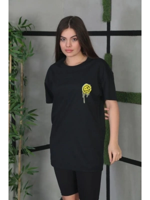 Kadın Bisiklet Yaka Baskılı  Kısa kol Oversize T-Shirt - Siyah