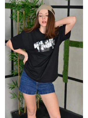 Kadın Bisiklet Yaka Baskılı  Kısa kol Oversize T-Shirt - Siyah