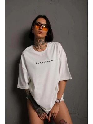 Kadın Bisiklet Yaka Baskılı  Kısa kol T-Shirt - Beyaz