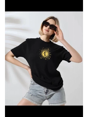 Kadın Bisiklet Yaka Baskılı  Kısa kol T-Shirt - Siyah