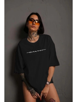 Kadın Bisiklet Yaka Baskılı kısa kol T-Shirt - Siyah