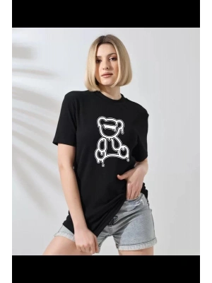 Kadın Bisiklet Yaka Baskılı  Kısa kol T-Shirt - Siyah