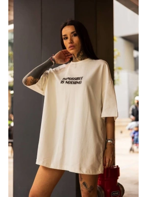 Kadın Bisiklet Yaka Baskılı Oversize  Kısa kol T-Shirt - Beyaz