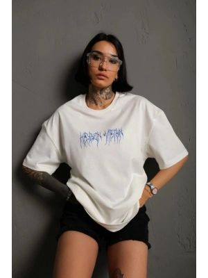 kadın Bisiklet Yaka Baskılı Oversize Kısa kol  T-Shirt - Beyaz