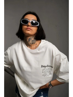 kadın Bisiklet Yaka Baskılı Oversize Kısa kol  T-Shirt - Beyaz