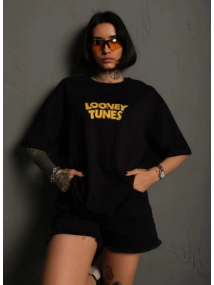 kadın Bisiklet Yaka Baskılı Oversize  Kısa kol T-Shirt - Siyah