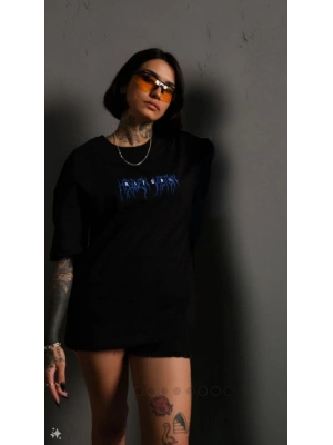 kadın Bisiklet Yaka Baskılı Oversize  Kısa kol T-Shirt - Siyah