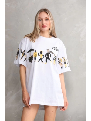 kadın Bisiklet Yaka Baskılı Oversize T-Shirt - Beyaz