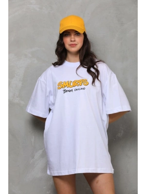 kadın Bisiklet Yaka Baskılı Oversize T-Shirt - Beyaz