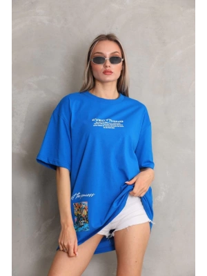 kadın Bisiklet Yaka Baskılı Oversize T-Shirt - Mavi