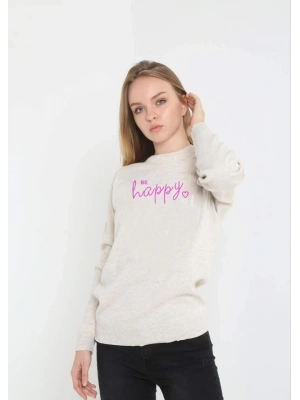 Kadın Bisiklet Yaka Kazak Baskılı Dokuma Triko - Bej