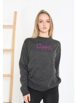 Kadın Bisiklet Yaka Kazak Baskılı Dokuma Triko - Füme