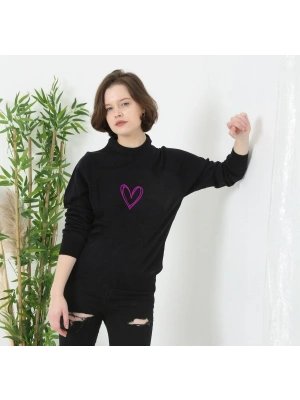 Kadın Bisiklet Yaka Kazak Baskılı Dokuma Triko - Siyah