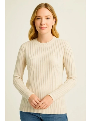 Kadın Bisiklet Yaka Triko Kazak Pamuklu Kalın Fitilli Dokuma Regular Fit - Bej