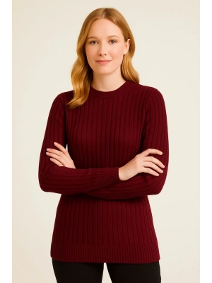 Kadın Bisiklet Yaka Triko Kazak Pamuklu Kalın Fitilli Dokuma Regular Fit - Bordo