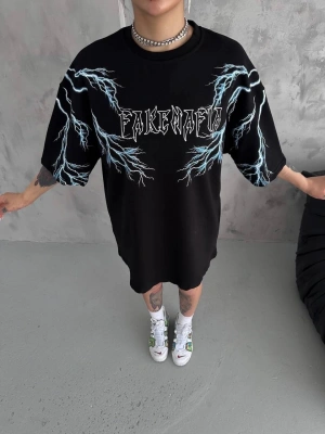 Kadın Bisiklet Yaka Yıldırım Baskılı  Kısa kol Oversize T-Shirt - Siyah