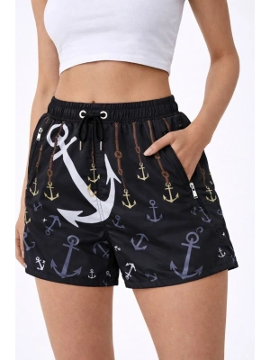 Kadın Deniz Şortu Fermuarlı Cepli File Astarlı Hızlı Kuruyan Premium - Siyah