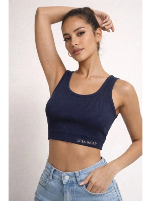 Kadın Fitilli Baskılı Crop - Lacivert