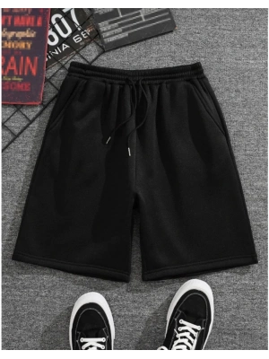 Kadın İki İplik Düz Oversize Şort - Siyah