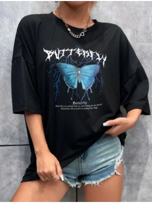 Kadın kelebek Baskılı Oversize kısa kol T-Shirt - Siyah