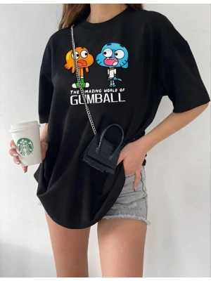 Kadın Kısa kol Tişört Bisiklet Yaka Baskılı Oversize T-Shirt - Siyah
