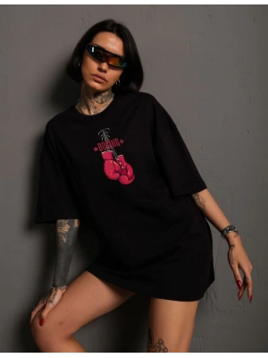Kadın Kısa Kol Tişört Bisiklet Yaka Boxy Eldiven Baskılı T-Shirt - Siyah