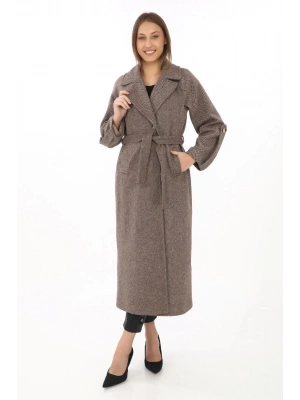 Kadın Kolu Apoletli Astarlı Kaşmir Kaşe Kaban - Vizon