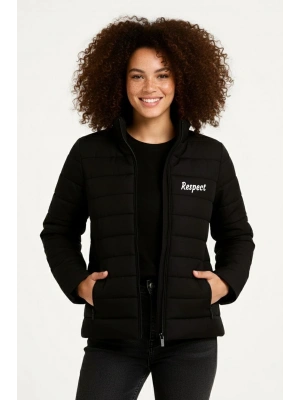 Kadın Mikro Su İtici Kapitone Baskılı Astarlı Fermuarlı Bomber Mont - Siyah