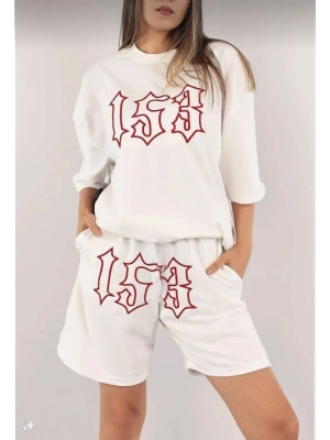 Kadın Nakış İşlemeli Şort Kısa kol Alt-Üst Takım - Beyaz
