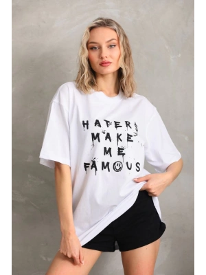 Kadın ön ve arka Baskılı Oversize Kısa kol  T-Shirt - Beyaz