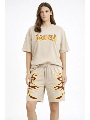 Kadın Oversize Baskılı Tişört Cepli Şort ikili Takım Kombin - Bej