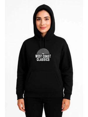 Kadın Oversize Kapüşonlu Cepli Baskılı 3 İplik Pamuklu Hoodie Sweatshirt - Siyah