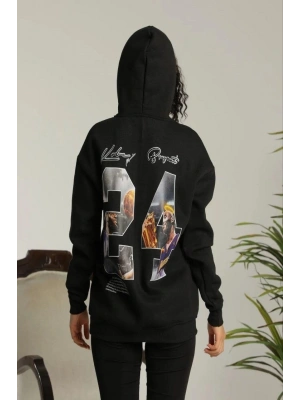Kadın Oversize Kapüşonlu Cepli Baskılı 3 İplik Pamuklu Hoodie Sweatshirt - Siyah