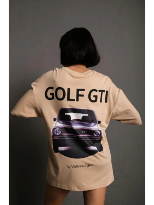 Kadın Oversize Tişört Golf GTI Retro Araba Baskılı T-shirt - Bej