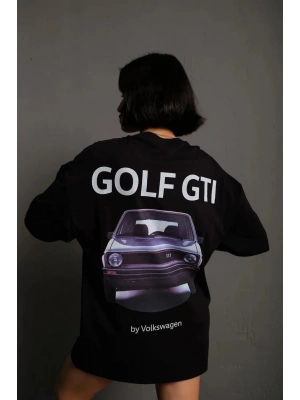 Kadın Oversize Tişört Golf GTI Retro Araba Baskılı T-shirt- Siyah