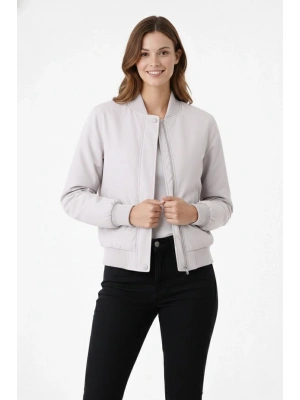 Kadın Premium Bomber Ceket Çıtçıt Kapamalı, Astarlı, Regular Fit Mont - Beyaz