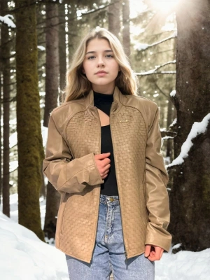 Kadın Premium Doğal Fileli Deri Ceket - Krem