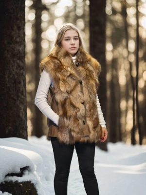 Kadın Premium Doğal Kolsuz Deri Kürk - Kahve