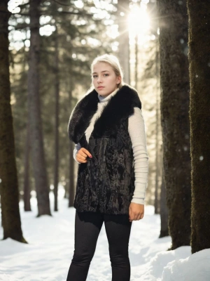 Kadın Premium Doğal Kolsuz Kürk - Siyah