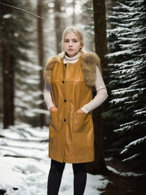Kadın Premium Doğal Kürk Kolsuz Deri - Hardal