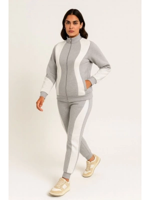 Kadın Premium Parçalı Eşofman Alt-Üst Takım - Dik Yaka Fermuarlı Sweatshirt - Gri