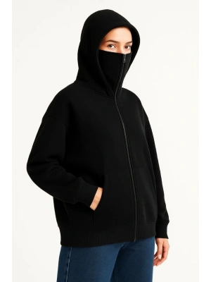 Kadın Samuray Ninja Çift Kapüşonlu Maske Detaylı 3 İplik Hoodie - Siyah