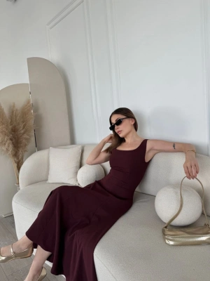 Kadın Sırt Dekolteli Kolsuz Uzun Elbise - Mürdüm