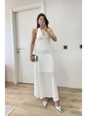 Kadın Sırt dekolteli Uzun Elbise - Beyaz