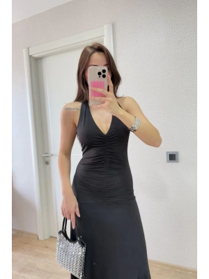 Kadın Sırt dekolteli Uzun Elbise - Siyah