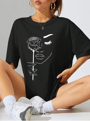 Kadın Tişört Baskılı Kısa kol Oversize T-shirt - Siyah