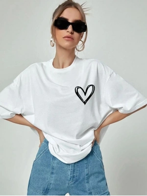 Kadın Tişört Bisiklet Yaka Baskılı Oversize T-Shirt - Beyaz