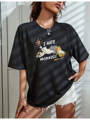 Kadın Tişört Bisiklet Yaka Baskılı Oversize T-Shirt - Siyah